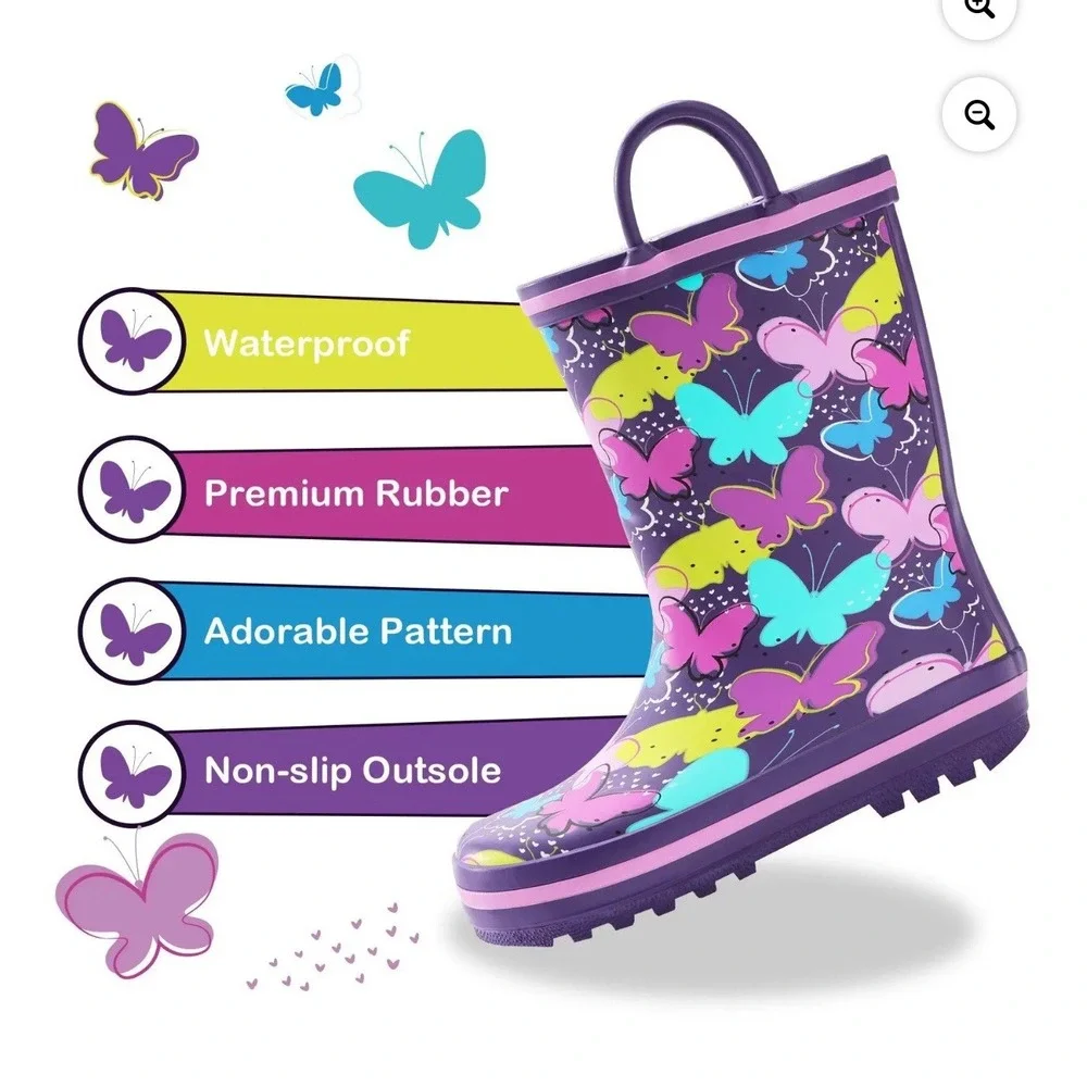 Toddler Rubber Rain Boots Kids Waterproof Boots for Girl Sz 3 Butterfly